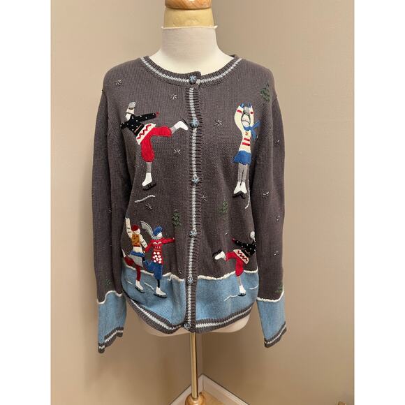 All Points Embroidered Winter Ice Skater Themed Sweater Cardigan Sz Large - Picture 1 of 5